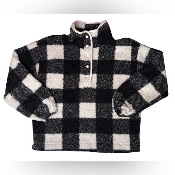 LOFT Buffalo Plaid Sherpa Snap Collar Top Black White Granola Lumberjack SZ S - Picture 4 of 6